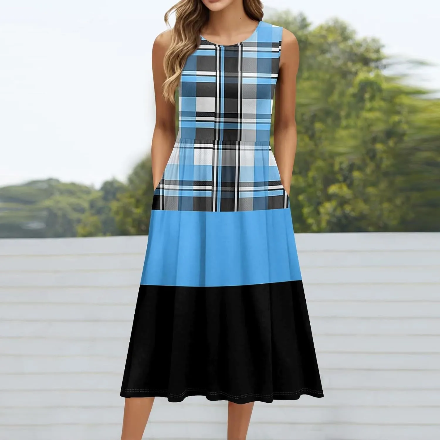 Floral Dress for Women 2025 Novelty Casual Loose Crew Neck Sleeveless Sundresses Elegant Lightweight Comfy Dress with Pockets