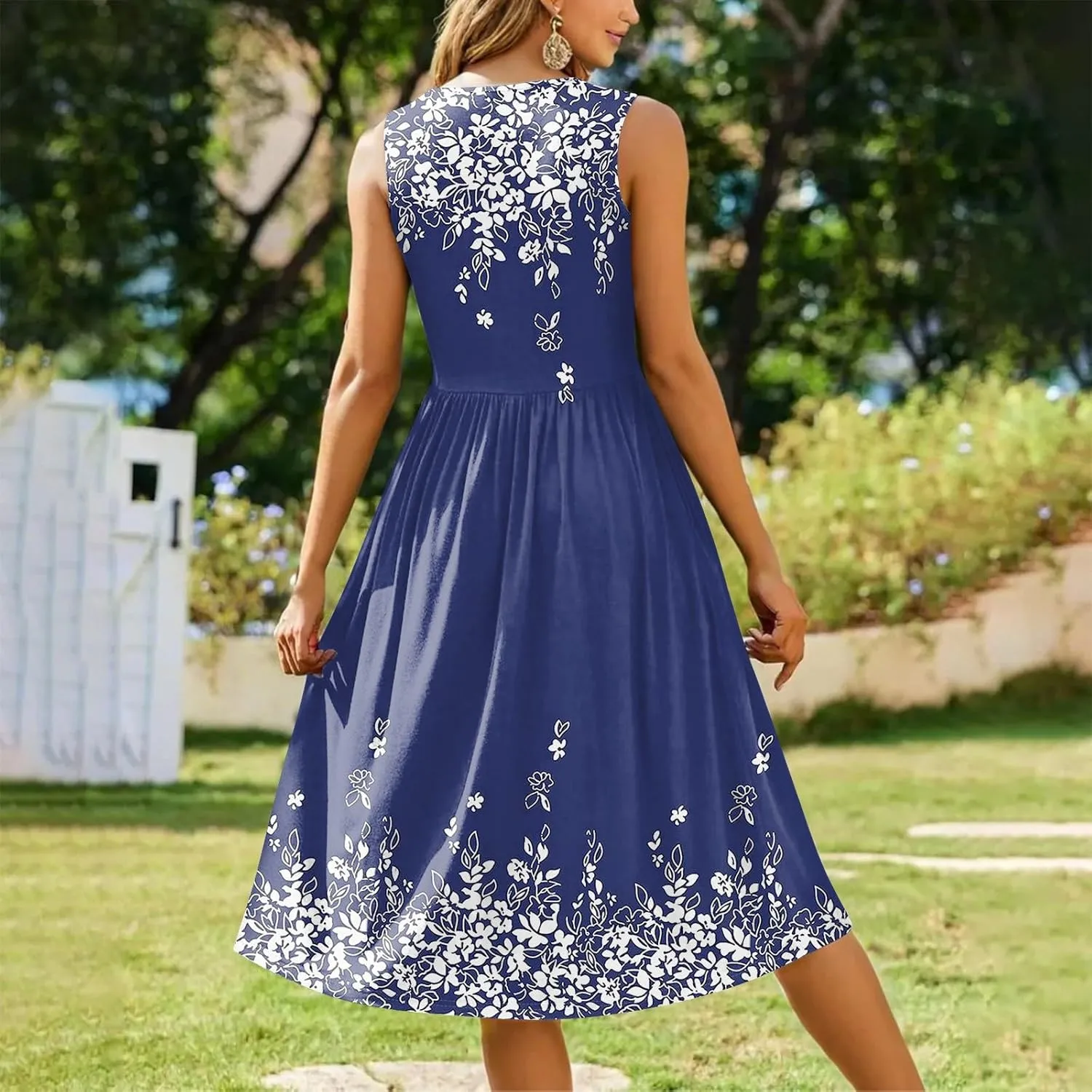 Floral Dress for Women 2025 Novelty Casual Loose Crew Neck Sleeveless Sundresses Elegant Lightweight Comfy Dress with Pockets
