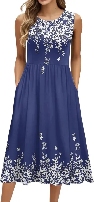 Floral Dress for Women 2025 Novelty Casual Loose Crew Neck Sleeveless Sundresses Elegant Lightweight Comfy Dress with Pockets