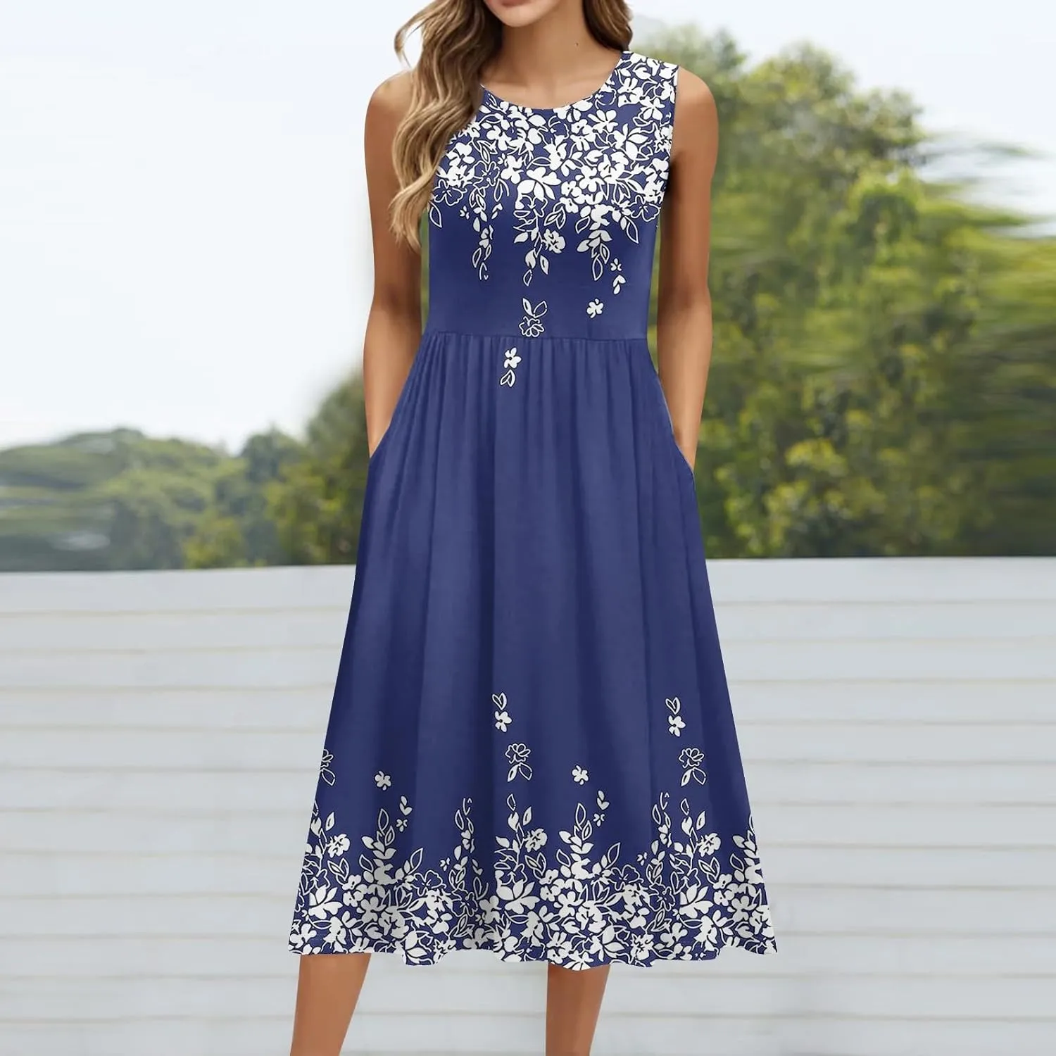 Floral Dress for Women 2025 Novelty Casual Loose Crew Neck Sleeveless Sundresses Elegant Lightweight Comfy Dress with Pockets
