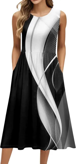 Floral Dress for Women 2025 Novelty Casual Loose Crew Neck Sleeveless Sundresses Elegant Lightweight Comfy Dress with Pockets
