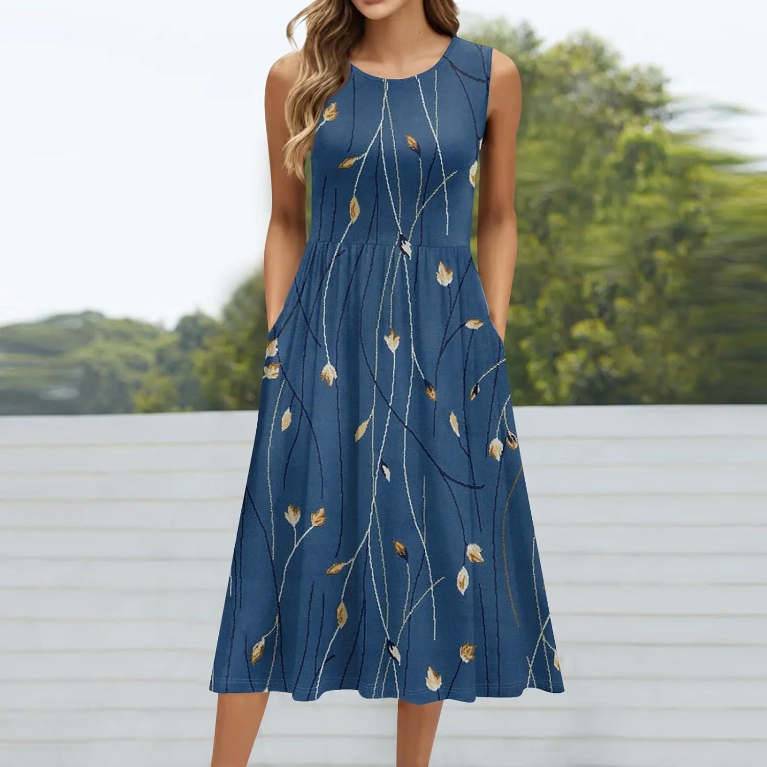 Floral Dress for Women 2025 Novelty Casual Loose Crew Neck Sleeveless Sundresses Elegant Lightweight Comfy Dress with Pockets