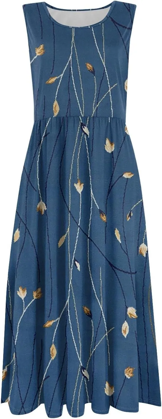 Floral Dress for Women 2025 Novelty Casual Loose Crew Neck Sleeveless Sundresses Elegant Lightweight Comfy Dress with Pockets