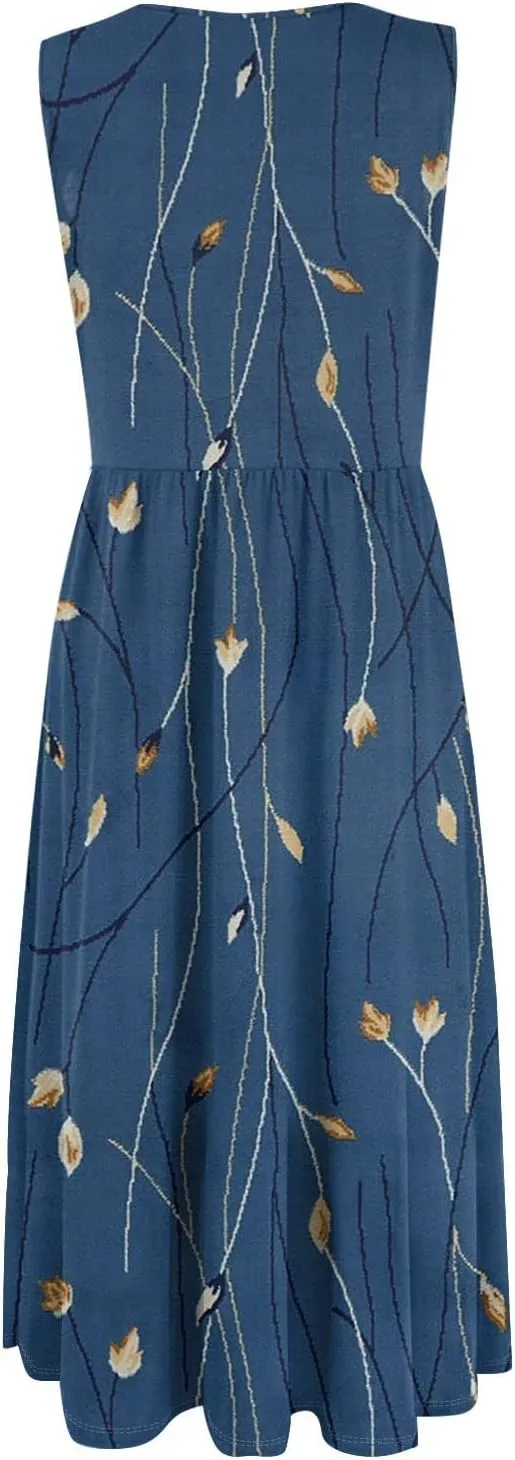 Floral Dress for Women 2025 Novelty Casual Loose Crew Neck Sleeveless Sundresses Elegant Lightweight Comfy Dress with Pockets