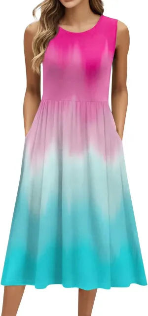 Floral Dress for Women 2025 Novelty Casual Loose Crew Neck Sleeveless Sundresses Elegant Lightweight Comfy Dress with Pockets