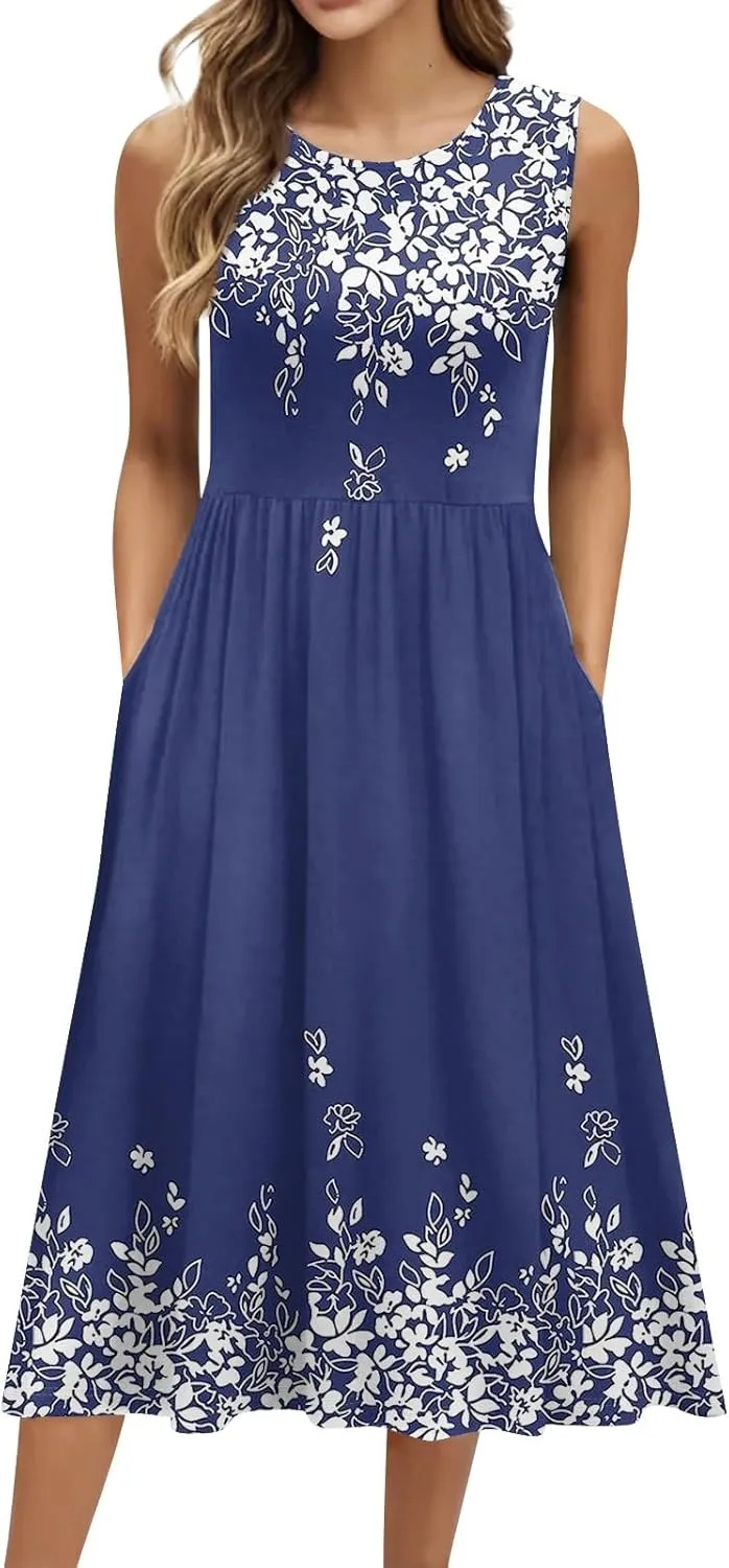Floral Dress for Women 2025 Novelty Casual Loose Crew Neck Sleeveless Sundresses Elegant Lightweight Comfy Dress with Pockets