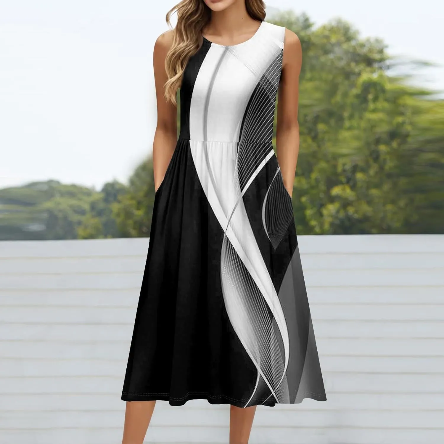 Floral Dress for Women 2025 Novelty Casual Loose Crew Neck Sleeveless Sundresses Elegant Lightweight Comfy Dress with Pockets