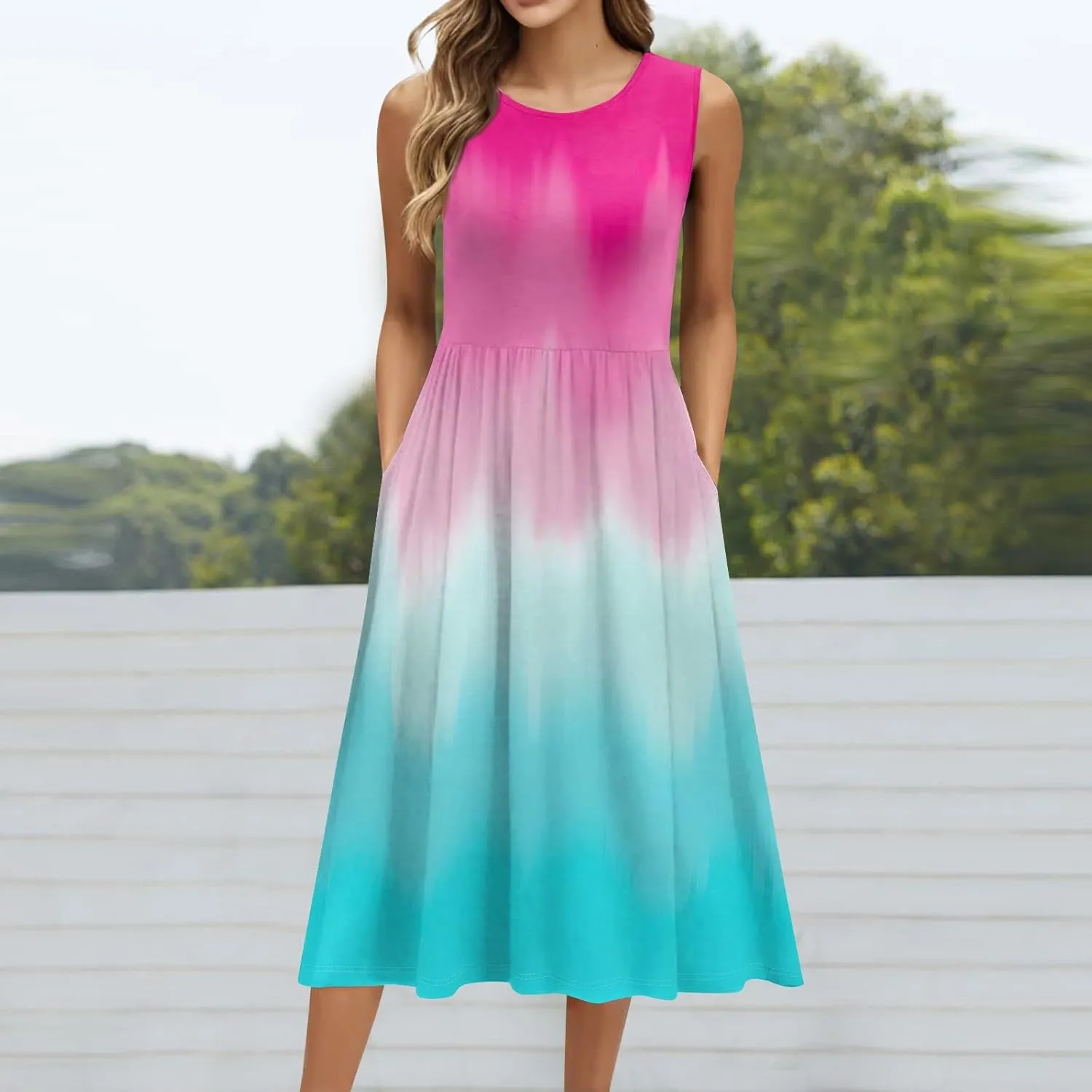 Floral Dress for Women 2025 Novelty Casual Loose Crew Neck Sleeveless Sundresses Elegant Lightweight Comfy Dress with Pockets