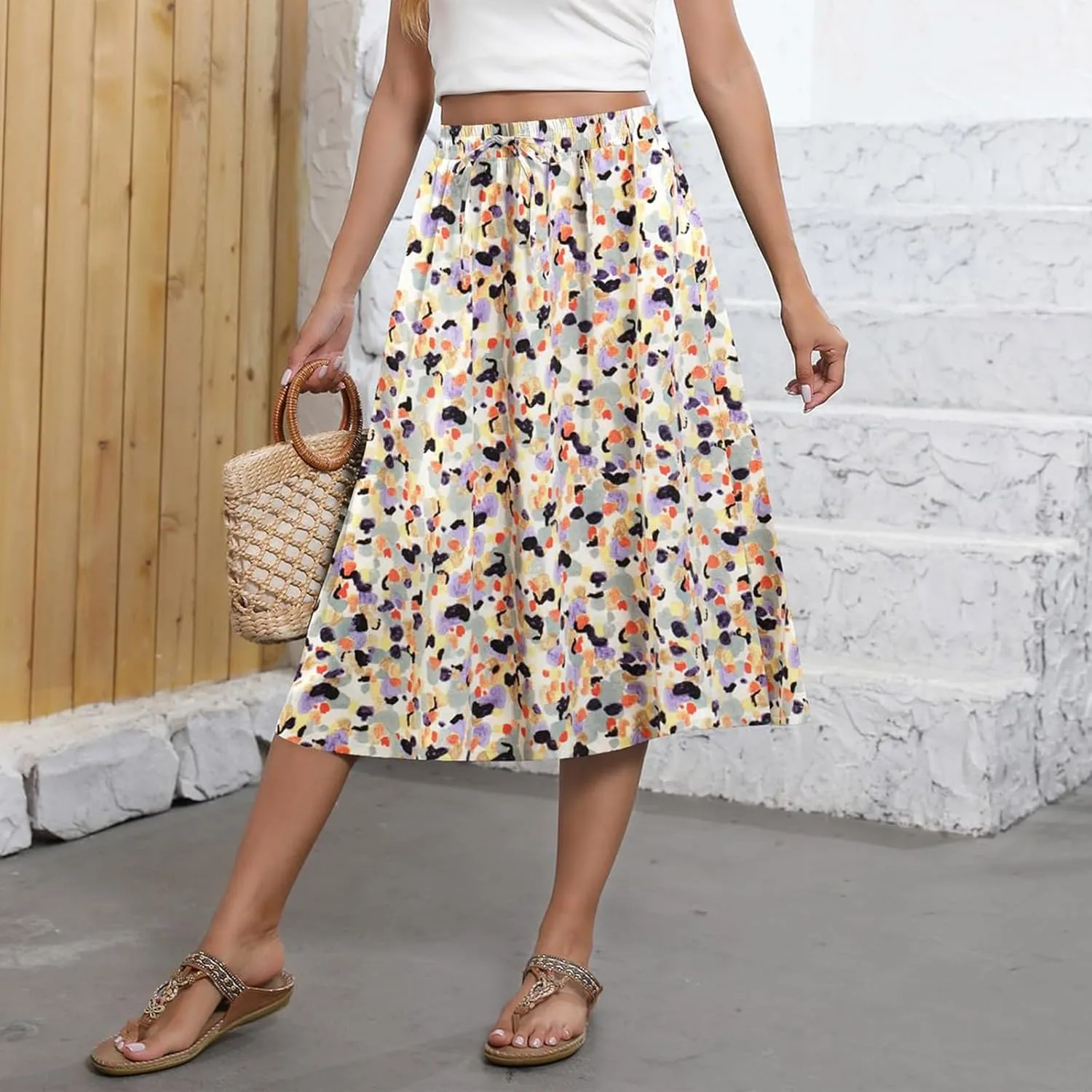 Flowy Midi Skirts for Women Summer High Waist Solid/Printed Boho Skirts Elegant Pleated A-Line Skirt with Pockets