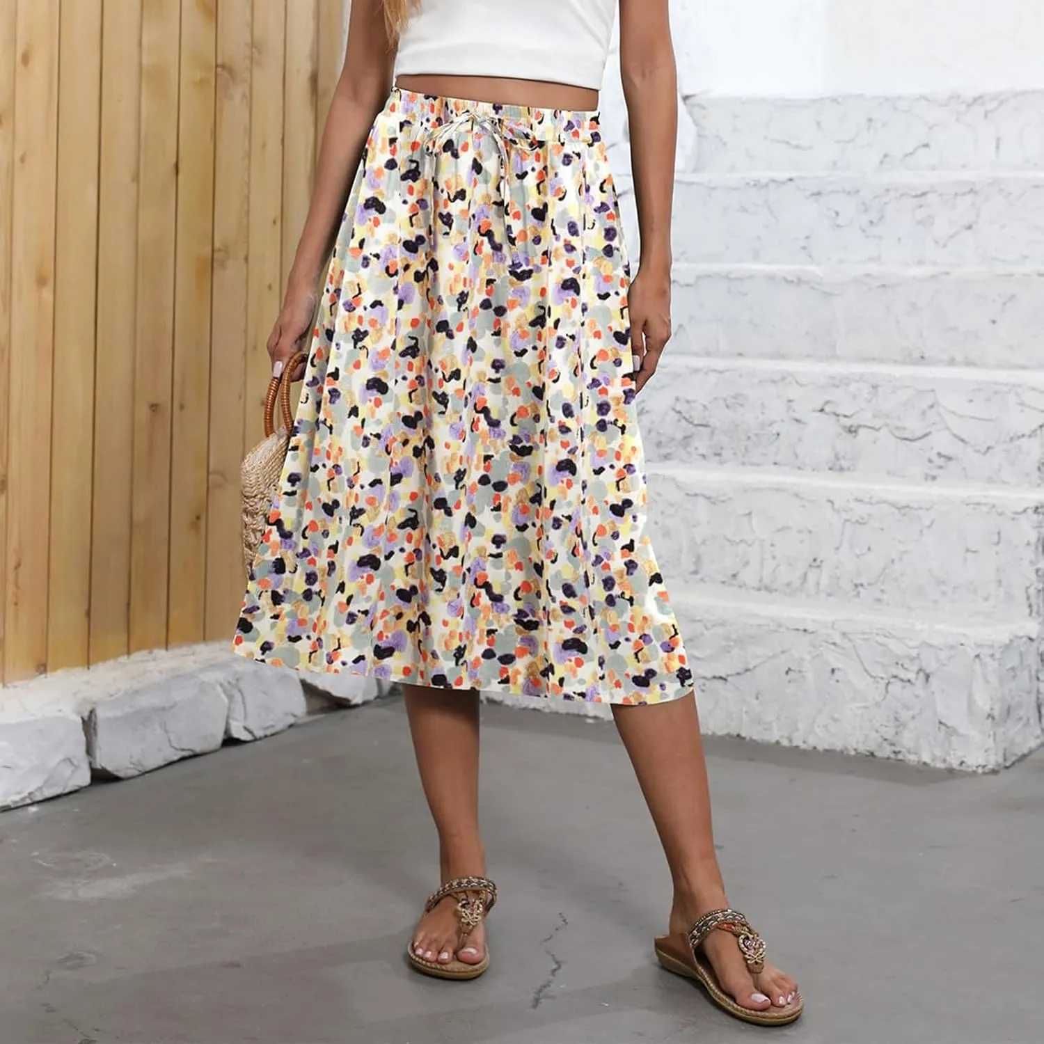 Flowy Midi Skirts for Women Summer High Waist Solid/Printed Boho Skirts Elegant Pleated A-Line Skirt with Pockets