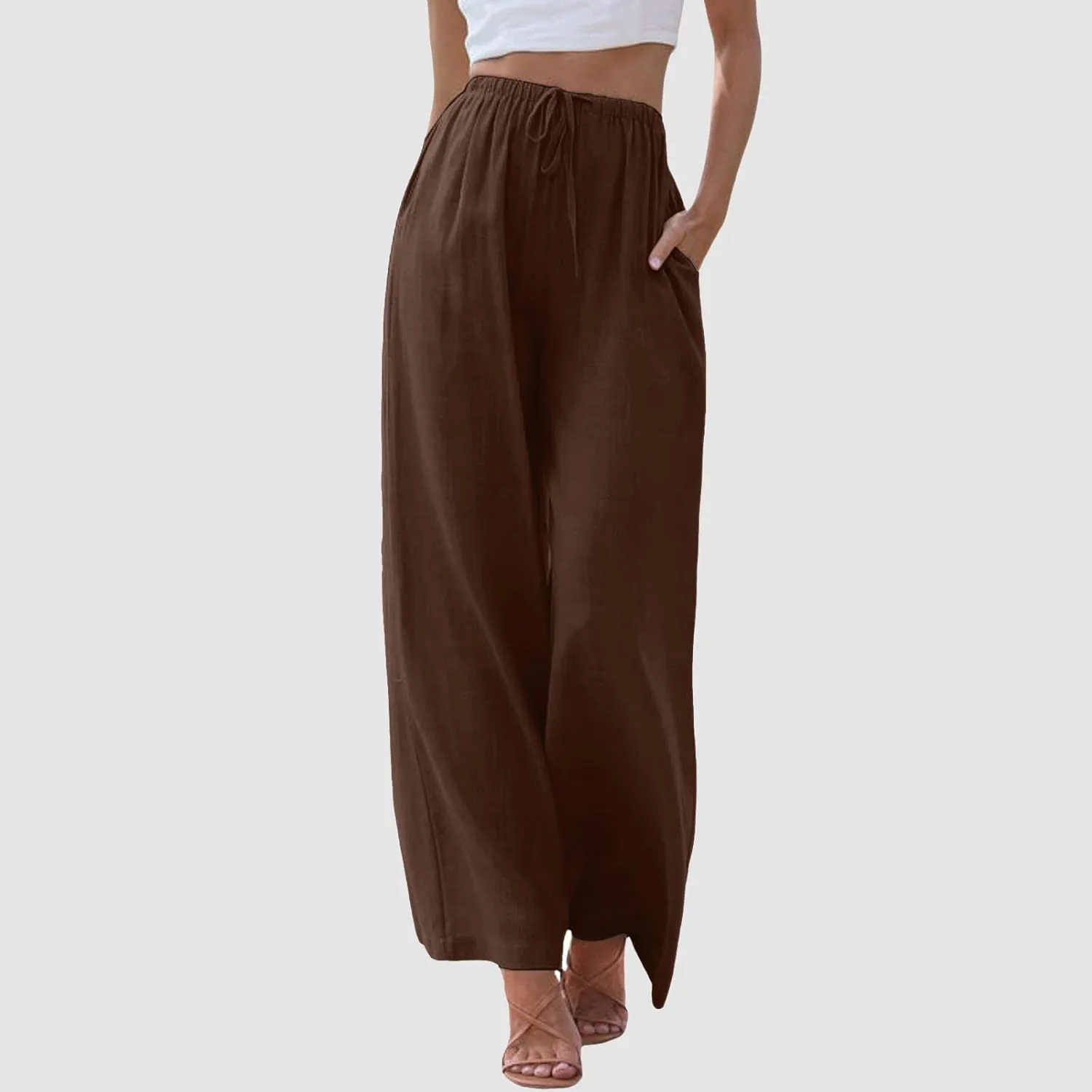 Flowy Palazzo Wide Leg Pants for Women Dressy Fashion Solid Elastic High Waisted Drawstring Trousers Summer Casual Streetwear