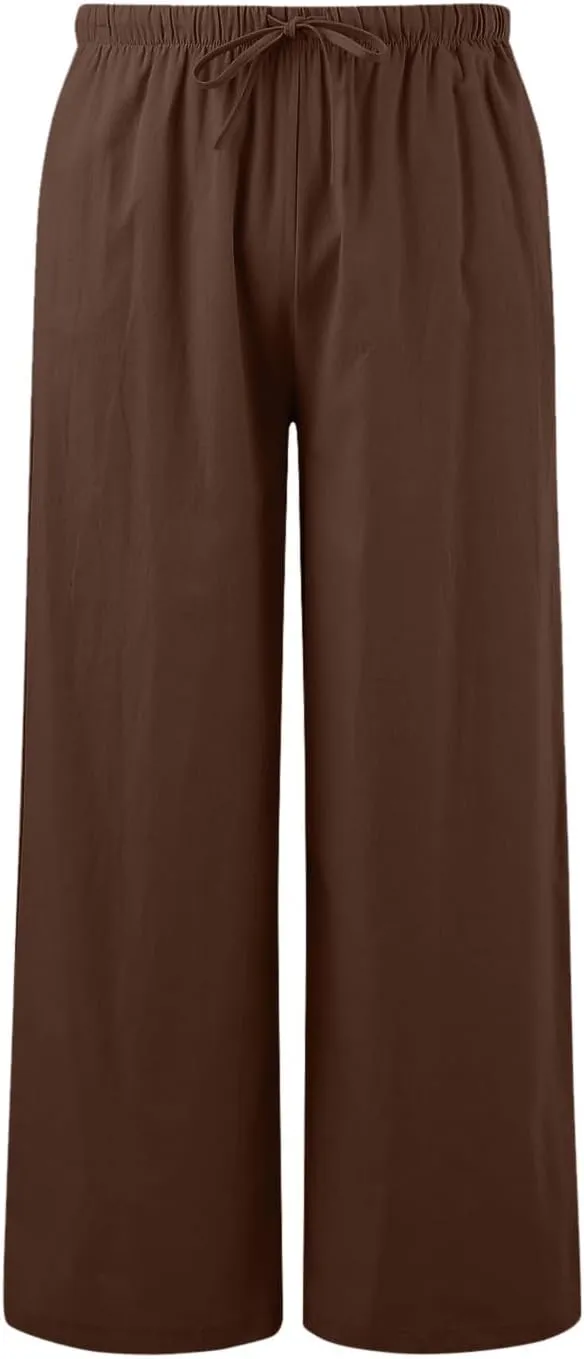 Flowy Palazzo Wide Leg Pants for Women Dressy Fashion Solid Elastic High Waisted Drawstring Trousers Summer Casual Streetwear