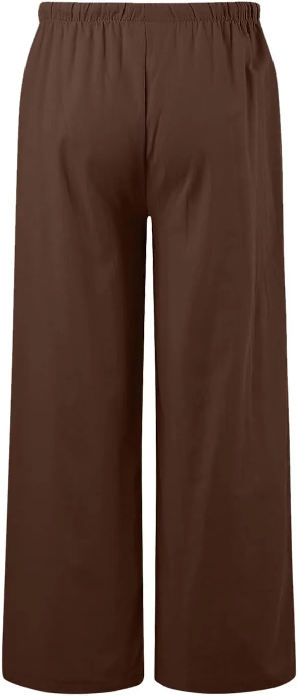Flowy Palazzo Wide Leg Pants for Women Dressy Fashion Solid Elastic High Waisted Drawstring Trousers Summer Casual Streetwear