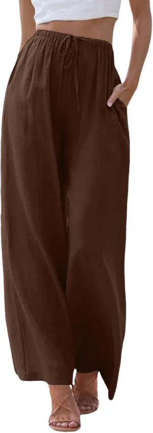 Flowy Palazzo Wide Leg Pants for Women Dressy Fashion Solid Elastic High Waisted Drawstring Trousers Summer Casual Streetwear