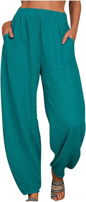 Flowy Pants for Women Straight Leg Cotton Linen Palazzo Trousers Elastic High Waisted Summer Casual Beach Outfit