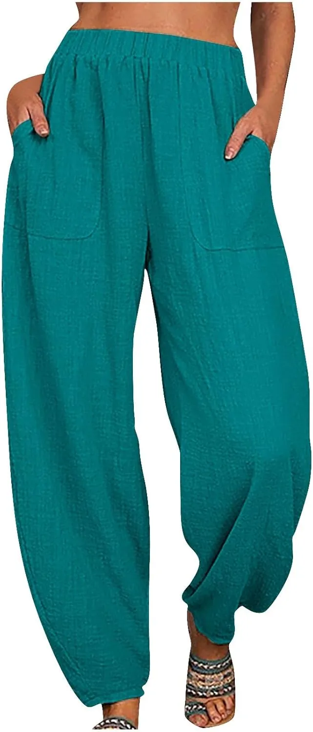 Flowy Pants for Women Straight Leg Cotton Linen Palazzo Trousers Elastic High Waisted Summer Casual Beach Outfit