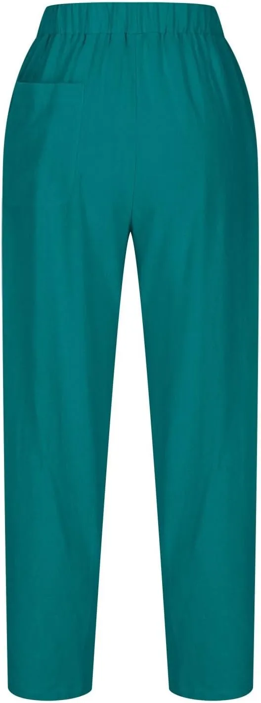 Flowy Pants for Women Straight Leg Cotton Linen Palazzo Trousers Elastic High Waisted Summer Casual Beach Outfit