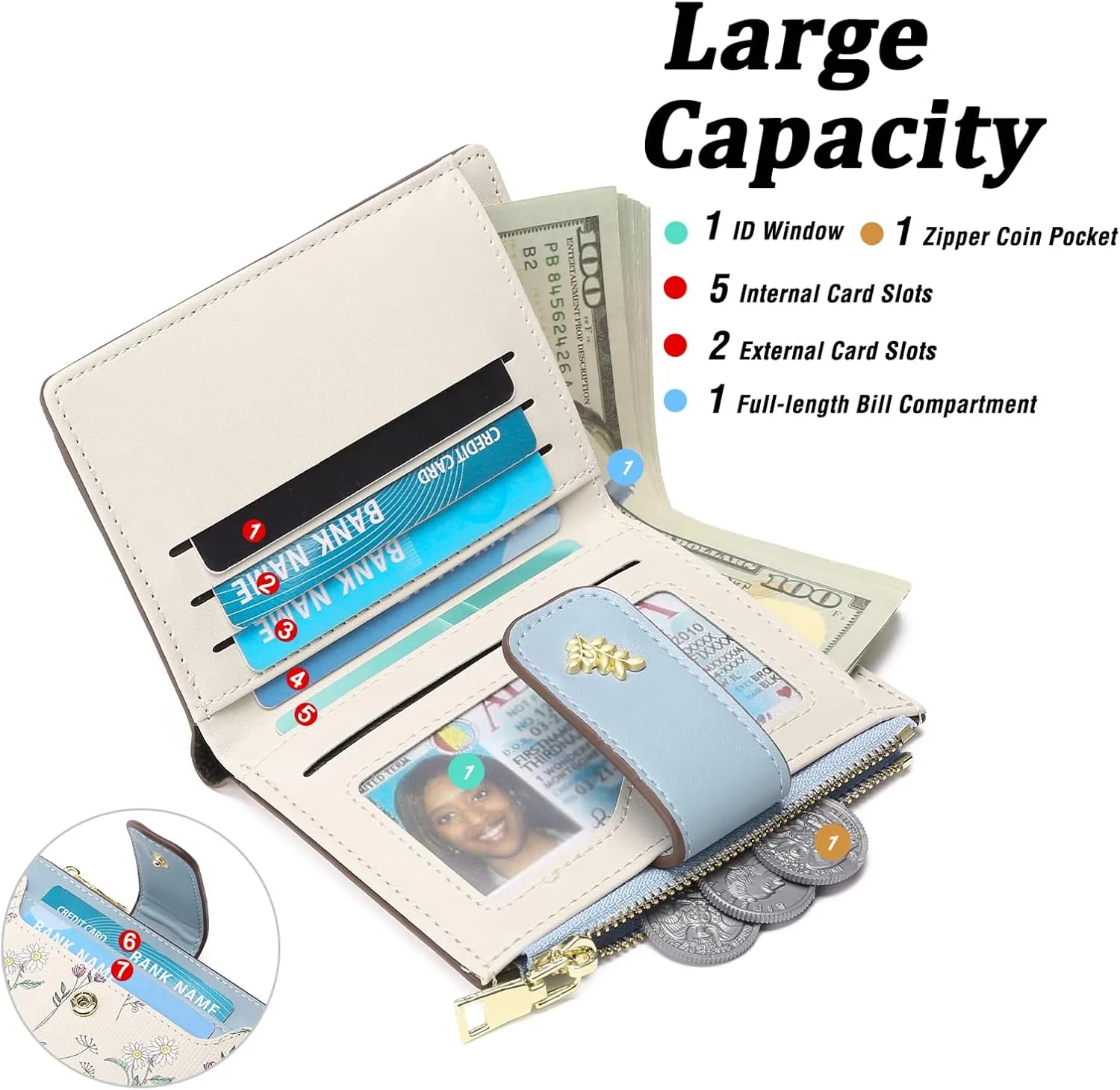 GAEKEAO Small Wallets for Women RFID Blocking Leather Bifold Zipper Pocket Wallet Credit Card Holder with ID Window