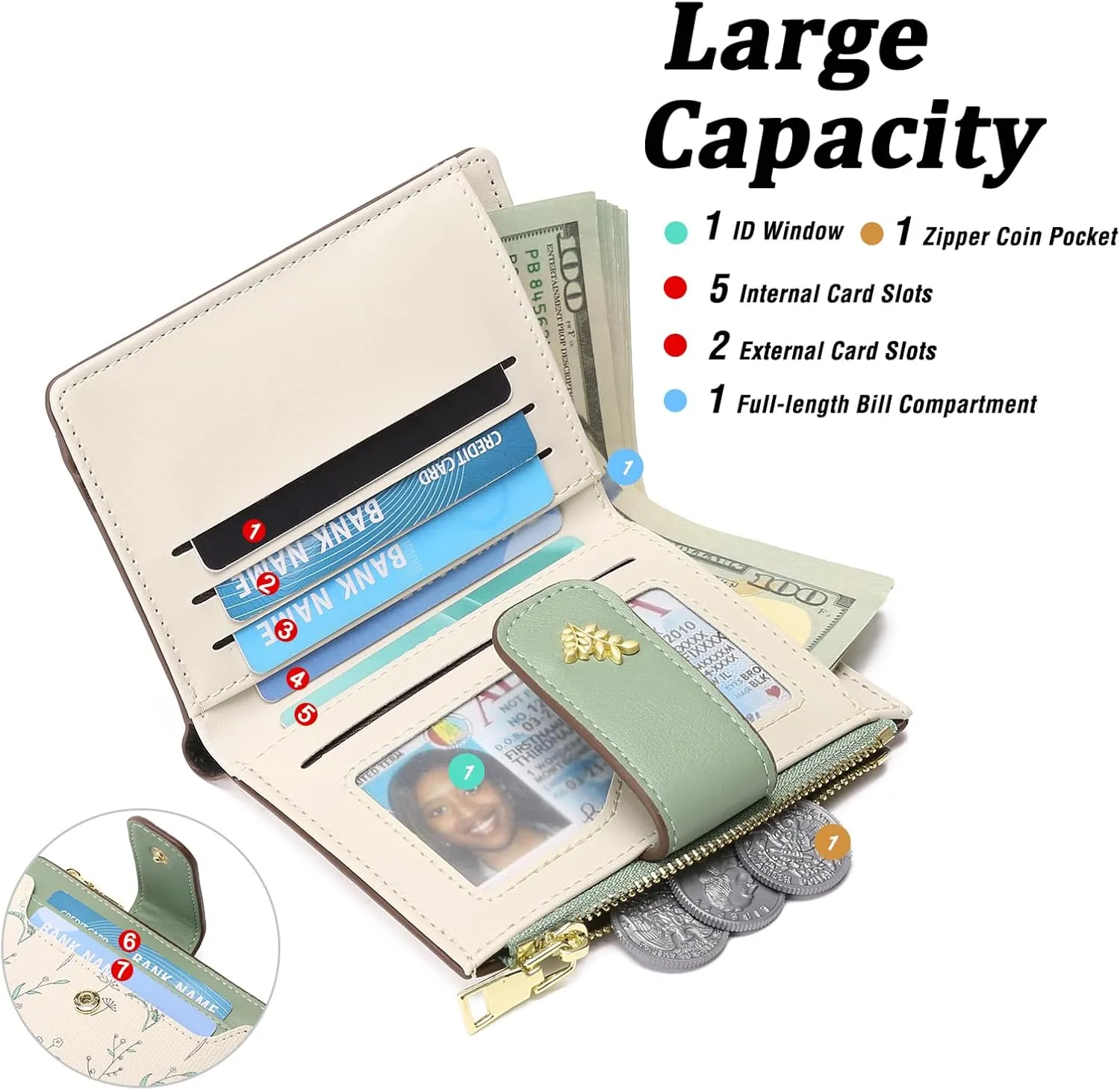 GAEKEAO Small Wallets for Women RFID Blocking Leather Bifold Zipper Pocket Wallet Credit Card Holder with ID Window