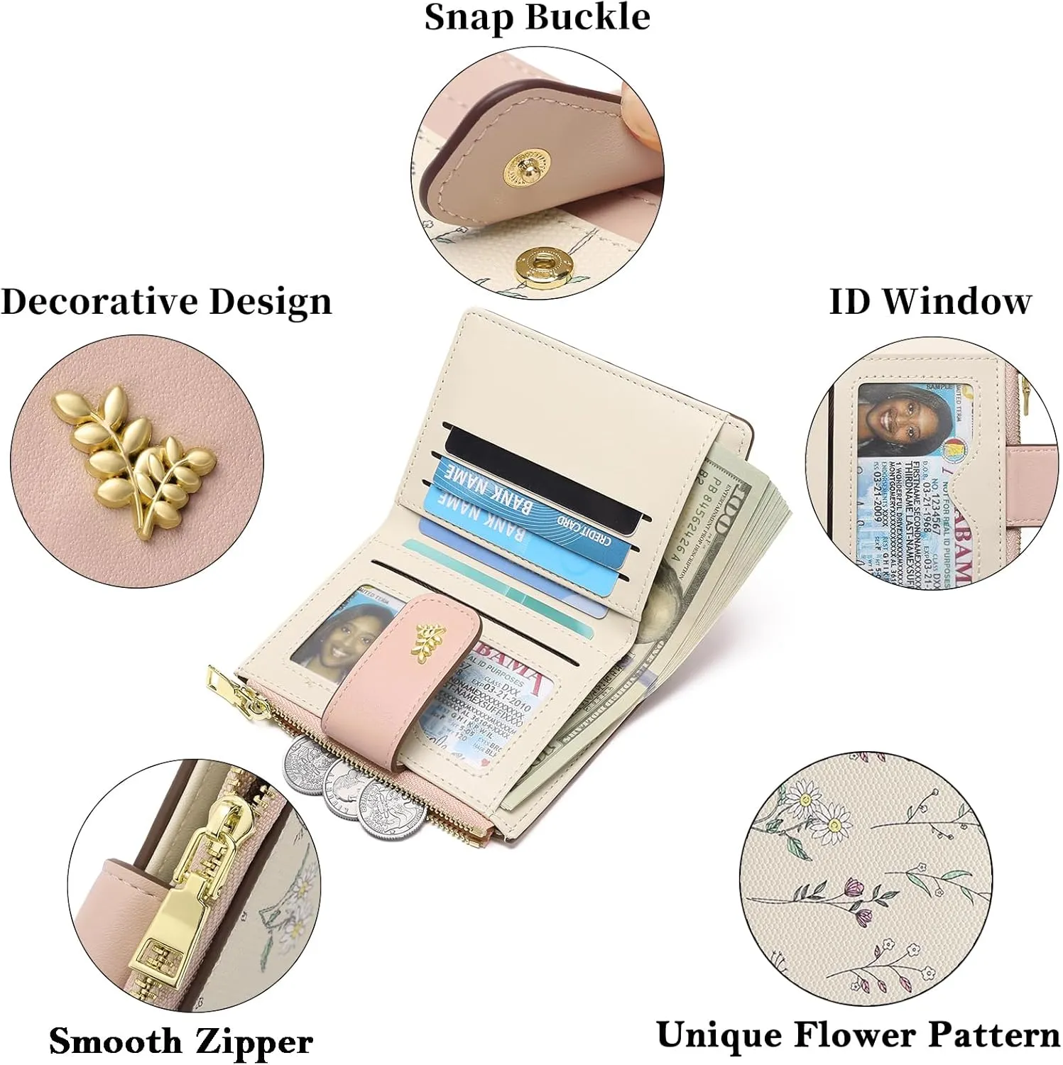 GAEKEAO Small Wallets for Women RFID Blocking Leather Bifold Zipper Pocket Wallet Credit Card Holder with ID Window