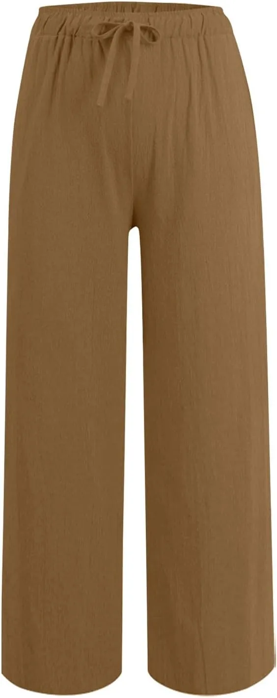 Gcvizuso Linen Pants Women Summer Casual Loose Drawstring Pants Wide Leg High Waist Trousers Boho Lounge Beach Pant