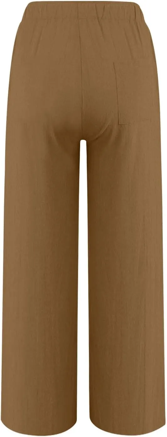 Gcvizuso Linen Pants Women Summer Casual Loose Drawstring Pants Wide Leg High Waist Trousers Boho Lounge Beach Pant
