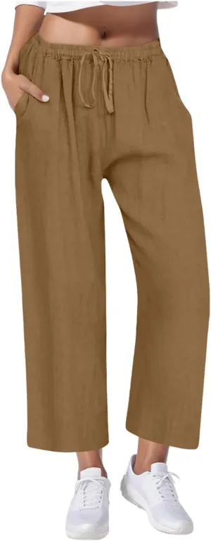 Gcvizuso Linen Pants Women Summer Casual Loose Drawstring Pants Wide Leg High Waist Trousers Boho Lounge Beach Pant