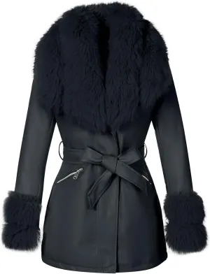 Giolshon Women Faux Leather Jacket Winter Long Sleeve Zip Warm Belt Coat with Fur Collar