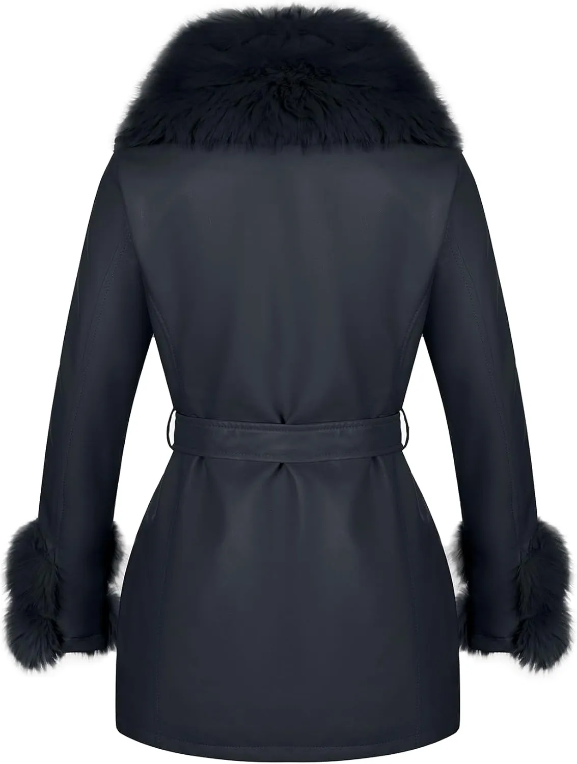 Giolshon Women Faux Leather Jacket Winter Long Sleeve Zip Warm Belt Coat with Fur Collar