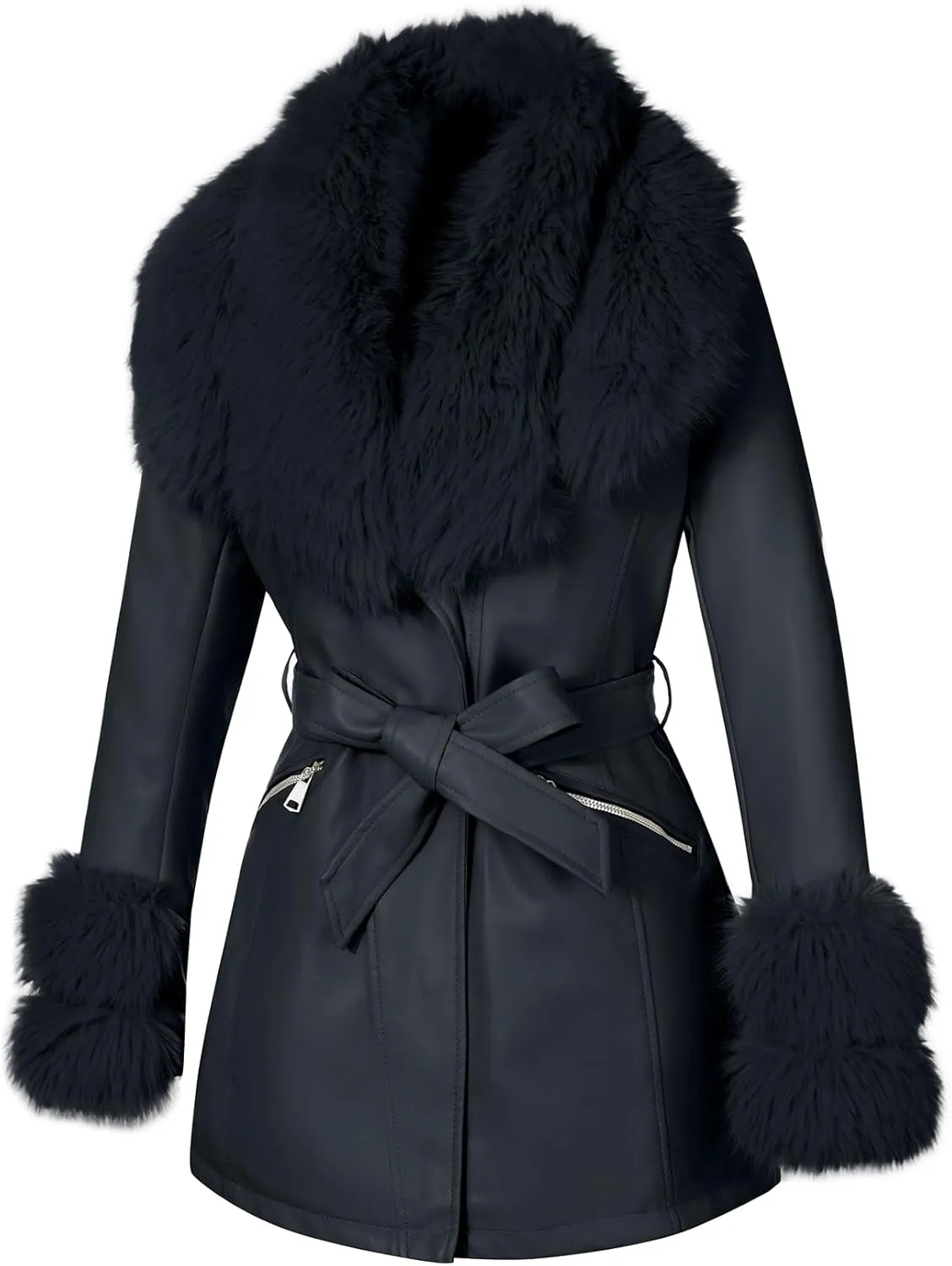 Giolshon Women Faux Leather Jacket Winter Long Sleeve Zip Warm Belt Coat with Fur Collar