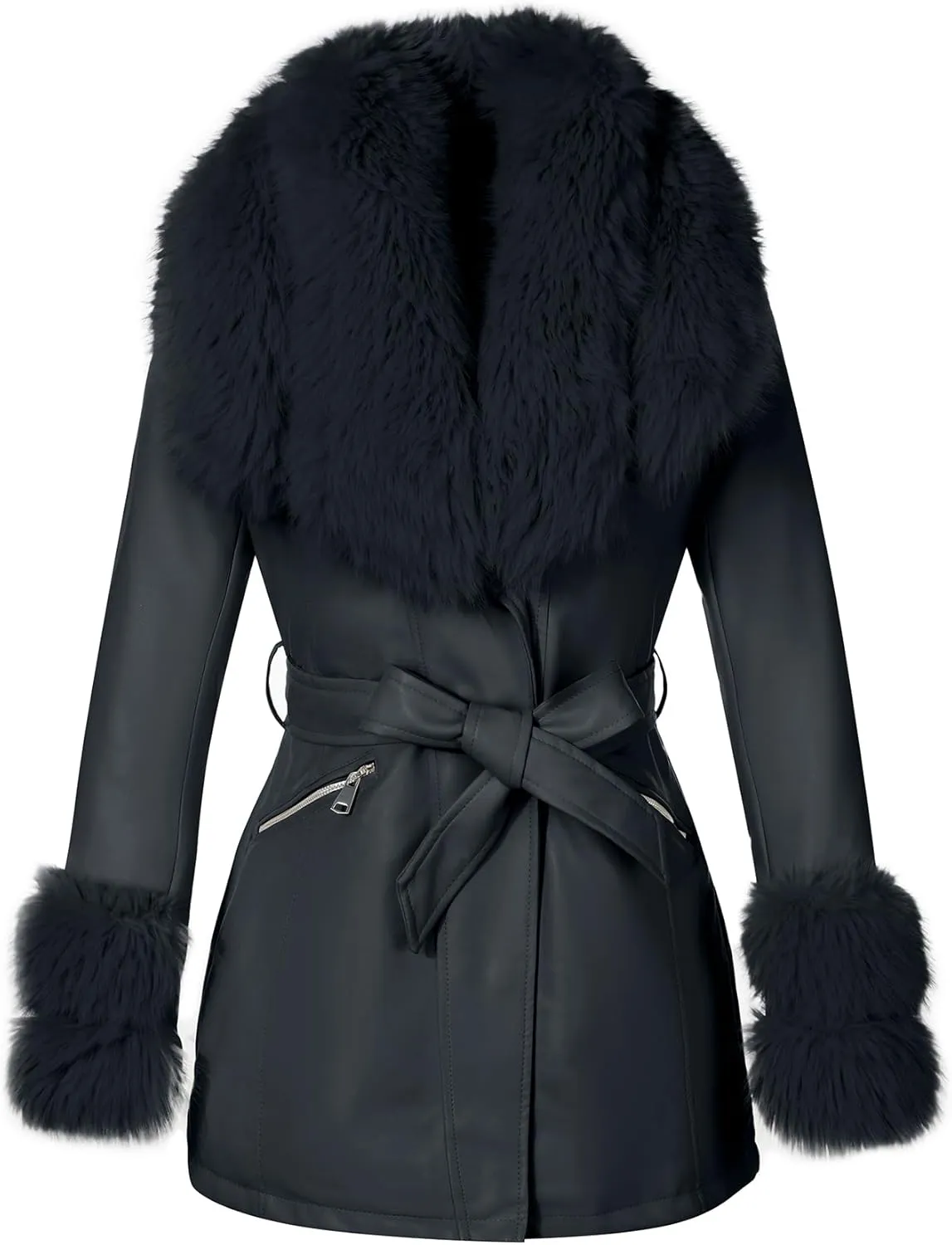 Giolshon Women Faux Leather Jacket Winter Long Sleeve Zip Warm Belt Coat with Fur Collar