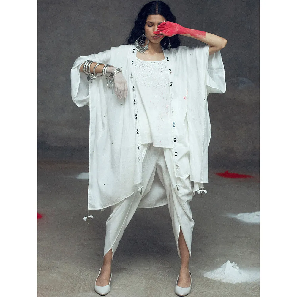 Gulaal Kamya White Top And Cowl Pant With Overlay (Set of 3)