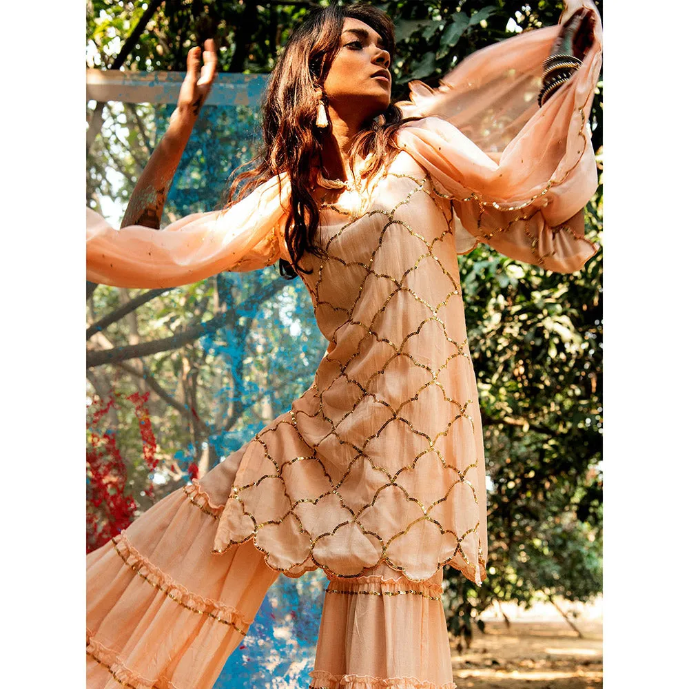 Gulaal Kasita Sequin Kurta with Sharara & Dupatta Peach (Set of 3)