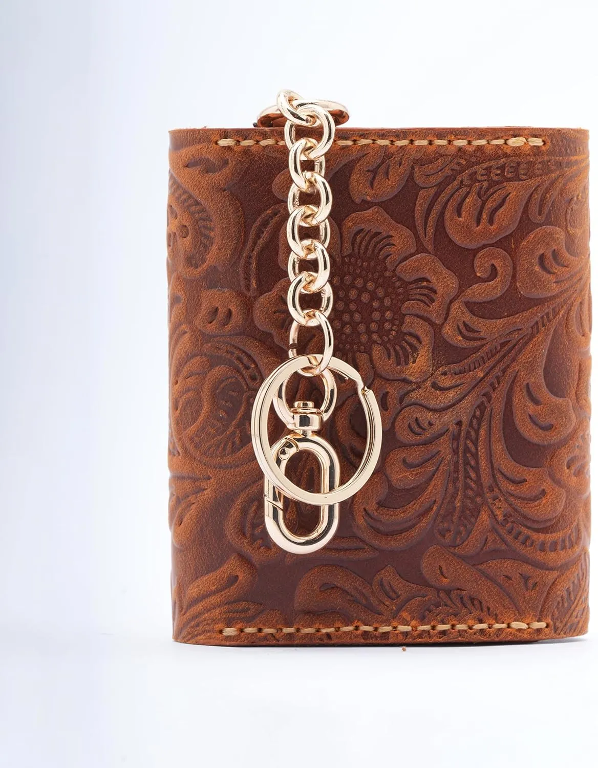 Handmade Keychain Wristlet Wallets for Women, Western Floral Leather Small Credit Card Holder with Zipper, Minimalist & Cute Coin Pouch, Genuine Leather (Camel)
