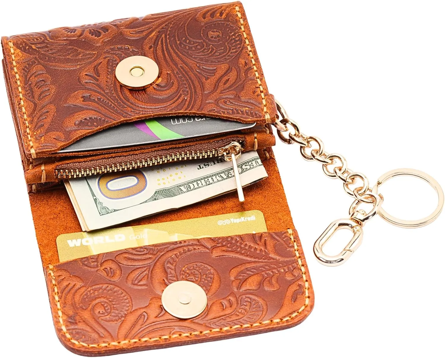 Handmade Keychain Wristlet Wallets for Women, Western Floral Leather Small Credit Card Holder with Zipper, Minimalist & Cute Coin Pouch, Genuine Leather (Camel)