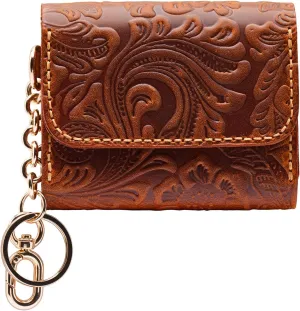 Handmade Keychain Wristlet Wallets for Women, Western Floral Leather Small Credit Card Holder with Zipper, Minimalist & Cute Coin Pouch, Genuine Leather (Camel)