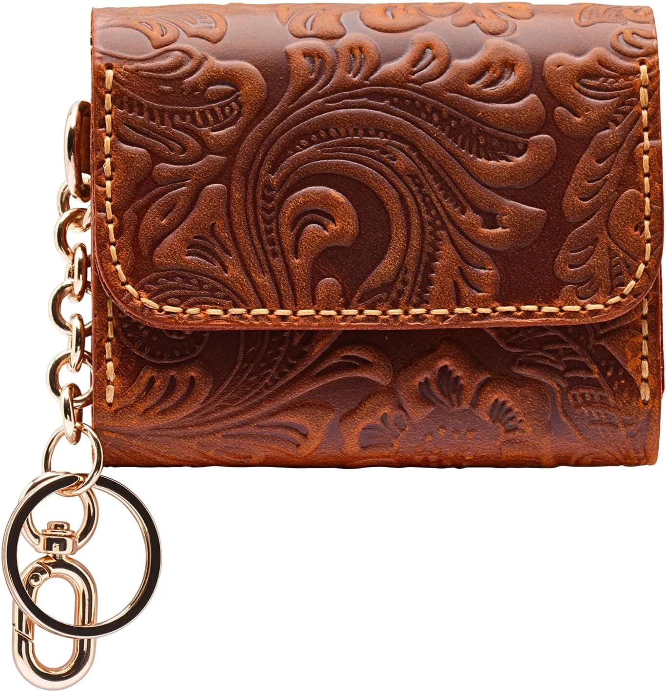 Handmade Keychain Wristlet Wallets for Women, Western Floral Leather Small Credit Card Holder with Zipper, Minimalist & Cute Coin Pouch, Genuine Leather (Camel)