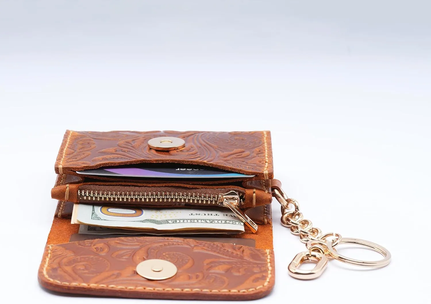 Handmade Keychain Wristlet Wallets for Women, Western Floral Leather Small Credit Card Holder with Zipper, Minimalist & Cute Coin Pouch, Genuine Leather (Camel)