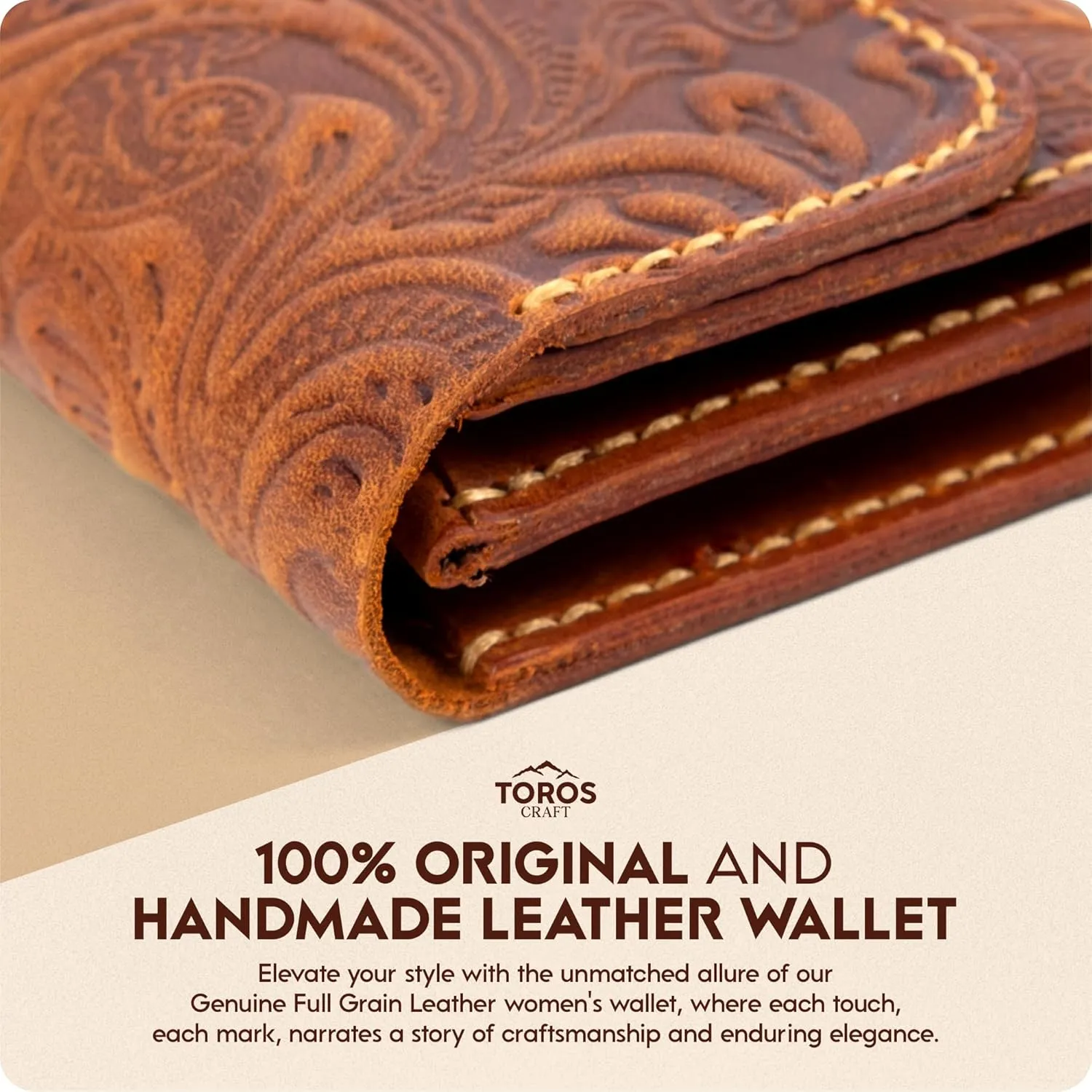 Handmade Keychain Wristlet Wallets for Women, Western Floral Leather Small Credit Card Holder with Zipper, Minimalist & Cute Coin Pouch, Genuine Leather (Camel)