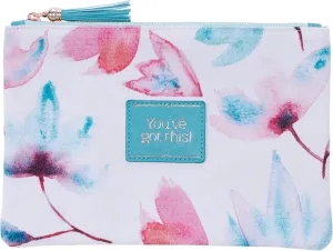 Heartfelt Multi Purpose Watercolor Canvas Zipped Travel Pouch Makeup Bag and Minimalist Organizer for Cosmetics, Supplies, Toiletries  Youve Got This, Pink and Teal Petals