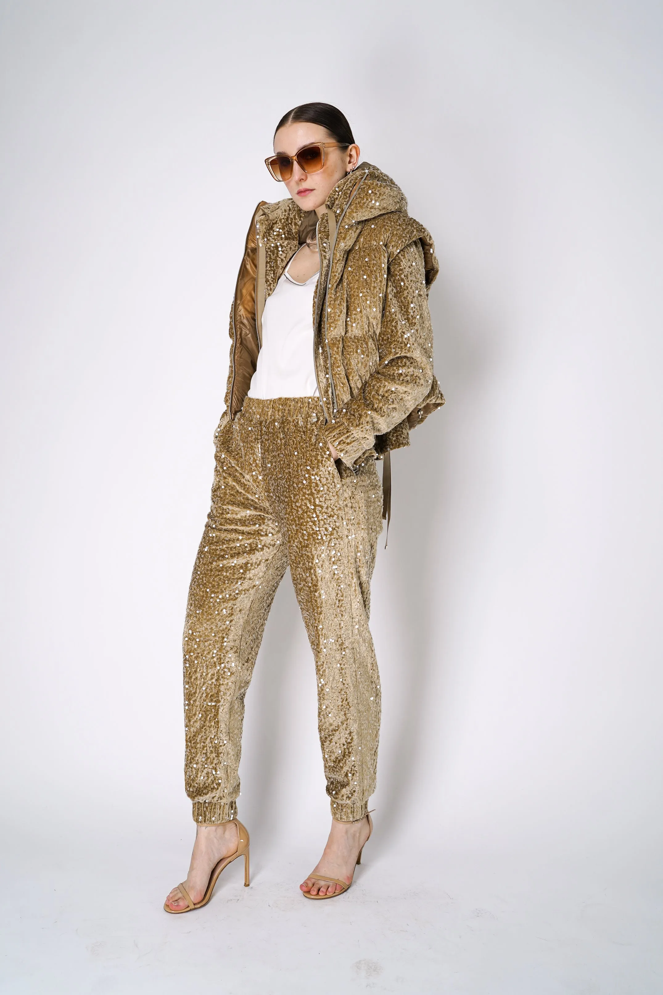 Herno High Neck Padded Sequined Vest in Gold