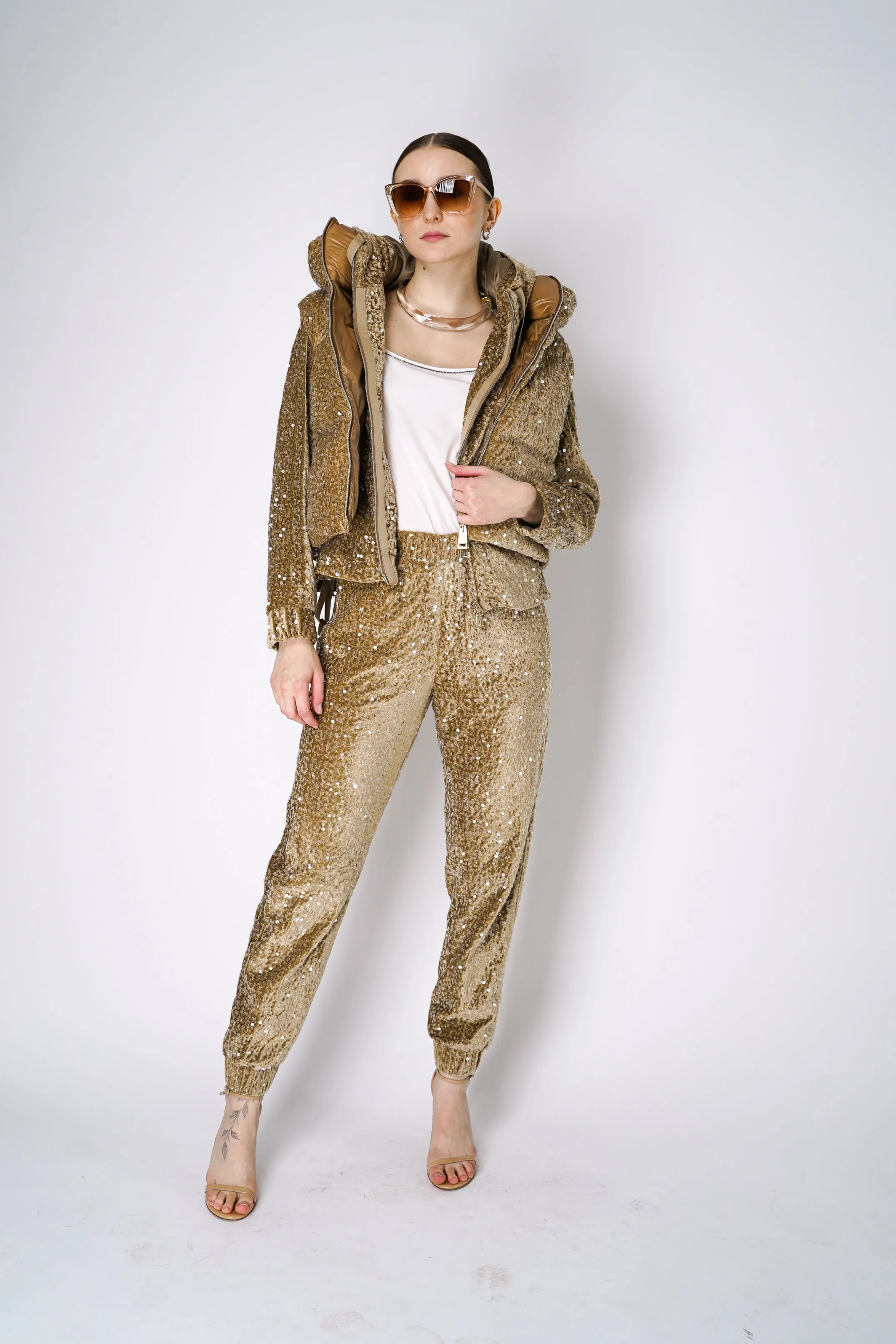 Herno High Neck Padded Sequined Vest in Gold