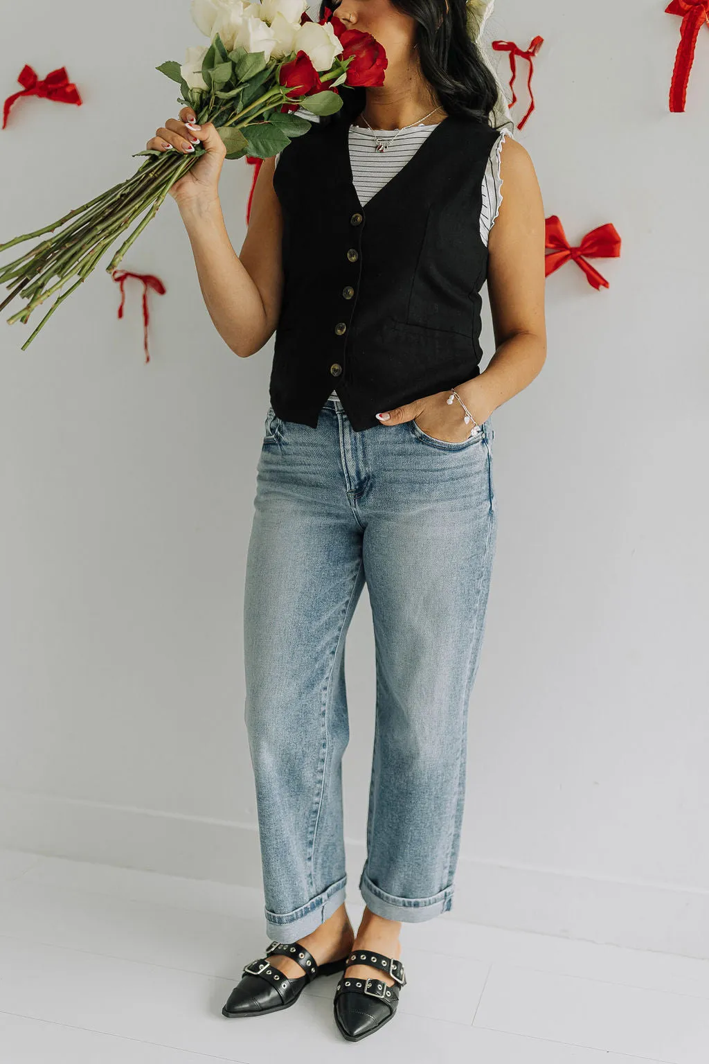 High Rise Barrel Leg Cuffed Jeans