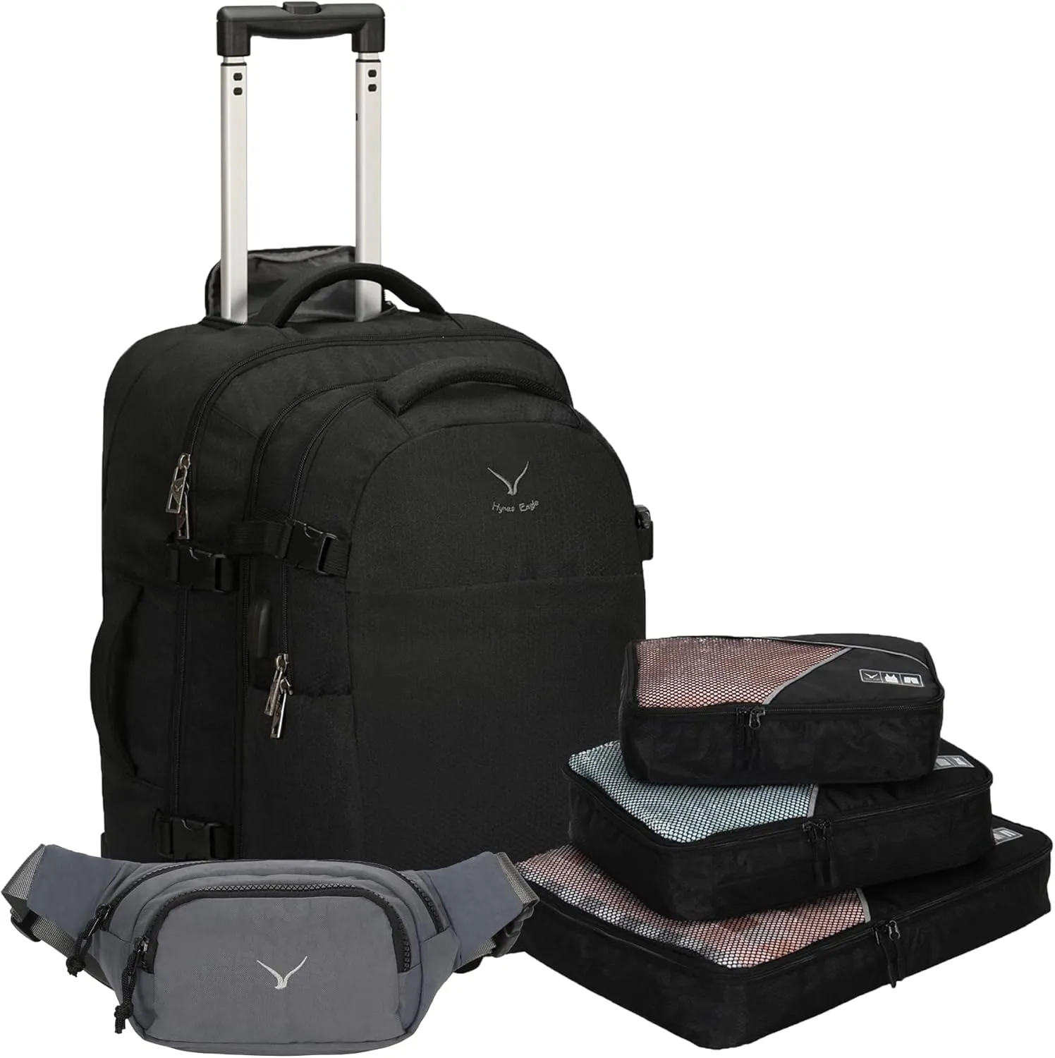 Hynes Eagle 2 in 1 Travel Backpack 22 inches Carry on Luggage 63L Rolling Backpack for Men Women with Packing Cubes 3PCS Set Black Waist Pack Grey