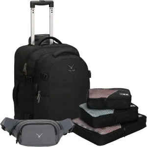 Hynes Eagle 2 in 1 Travel Backpack 22 inches Carry on Luggage 63L Rolling Backpack for Men Women with Packing Cubes 3PCS Set Black Waist Pack Grey