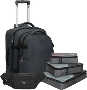 Hynes Eagle 2 in 1 Travel Backpack 22 inches Carry on Luggage 63L Rolling Backpack for Men Women with Packing Cubes 3PCS Set Grey Waist Pack Black