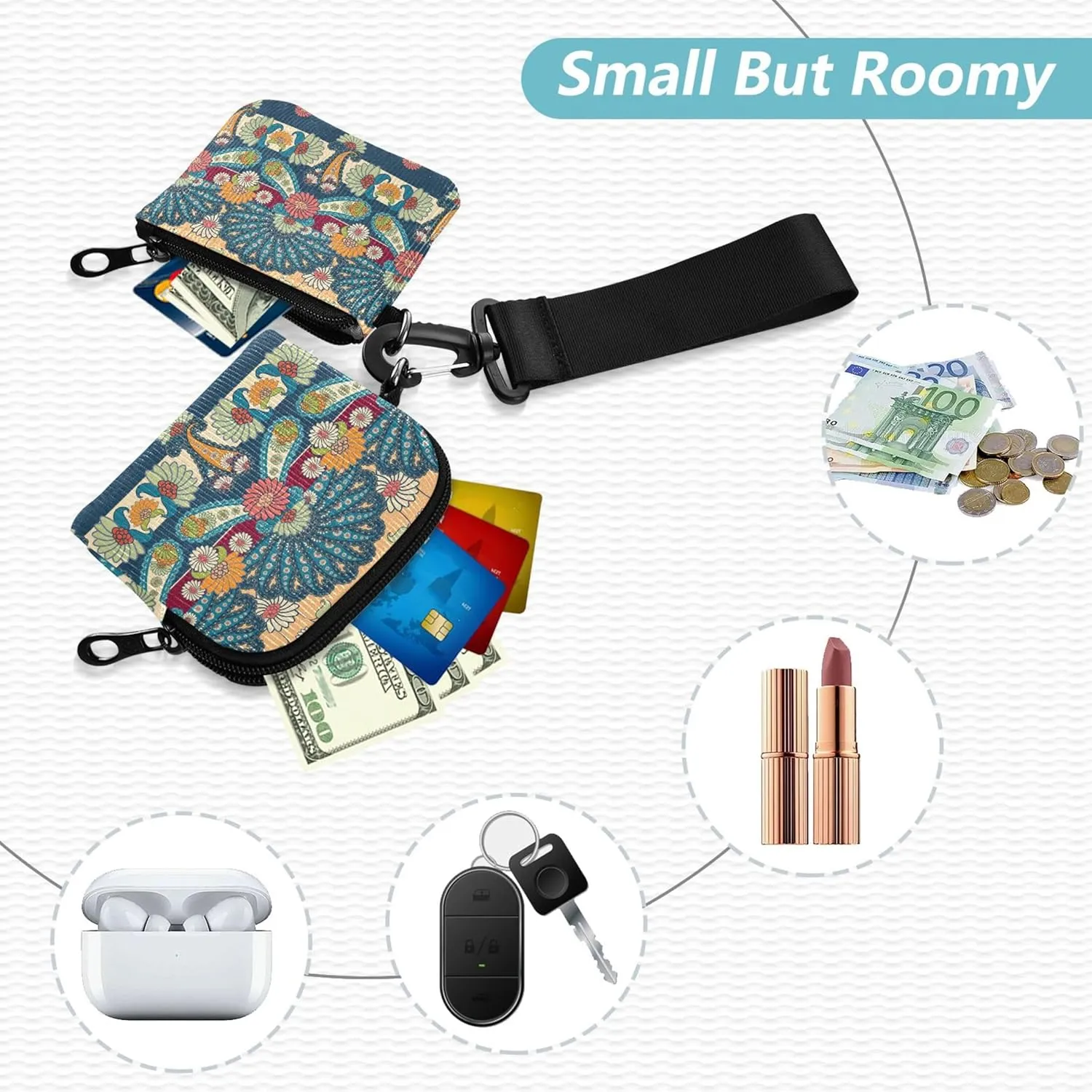 Indian Art Pattern Women's Coin Wallet Card Holder Minimalist ID Card Holders Protector with Zipper Coin Pocket for Work Travel 2 Packs
