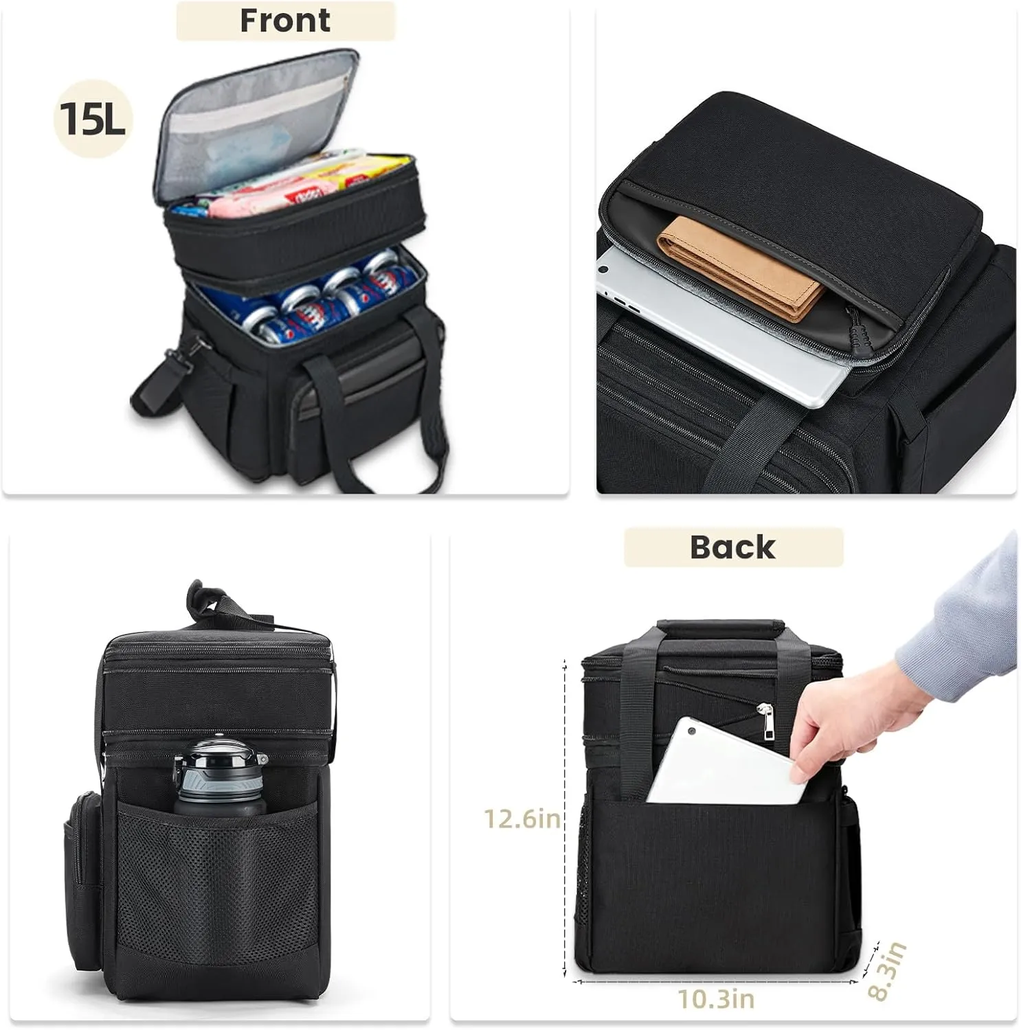 Insulated Lunch Bag & Lunch Box for Men - Double Deck Reusable Lunch Bag for Women Tote Cooler Bag Leakproof Soft Expandable - Large Lunchbox for Work/Adult/Picnic/Outdoor (Black15L)