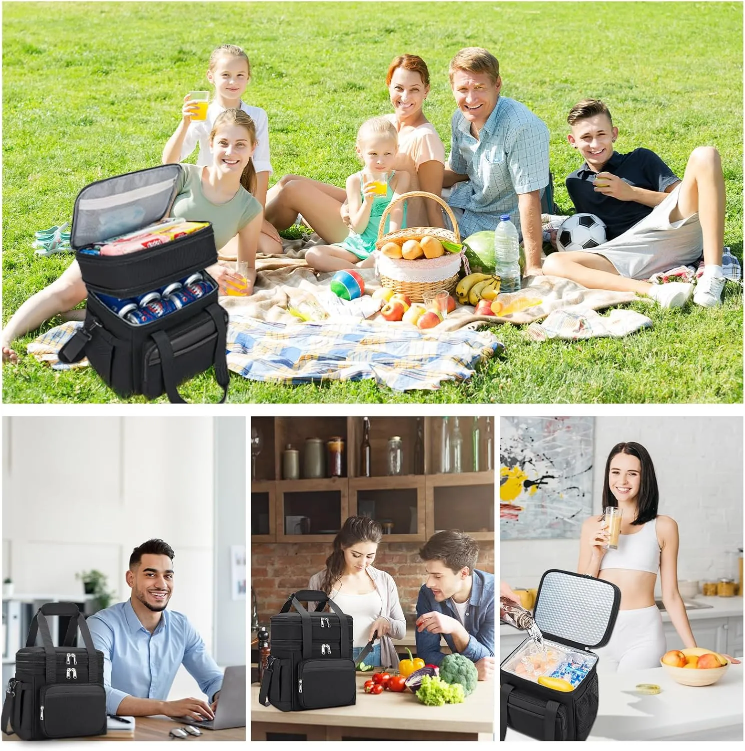 Insulated Lunch Bag & Lunch Box for Men - Double Deck Reusable Lunch Bag for Women Tote Cooler Bag Leakproof Soft Expandable - Large Lunchbox for Work/Adult/Picnic/Outdoor (Black15L)
