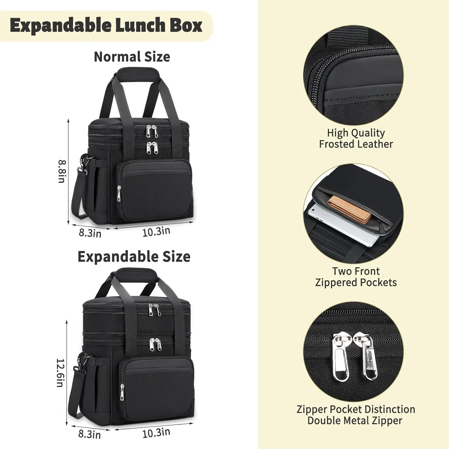Insulated Lunch Bag & Lunch Box for Men - Double Deck Reusable Lunch Bag for Women Tote Cooler Bag Leakproof Soft Expandable - Large Lunchbox for Work/Adult/Picnic/Outdoor (Black15L)